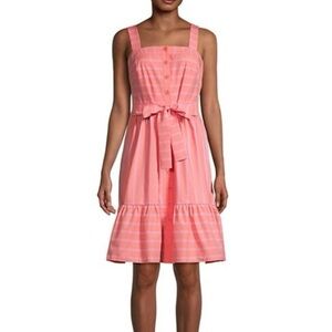 Gal Meets Glam Ariel Dress Sundress Coral Pink Midi Tiered Stripe US 10 NEW